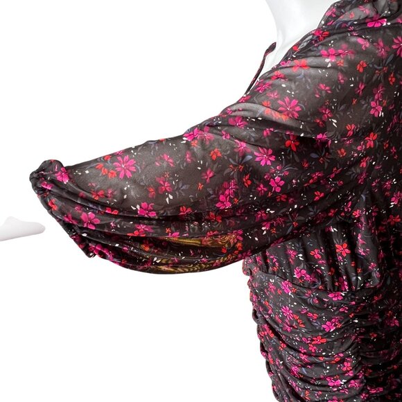 Torrid Sheer Black Floral Ruched Dress w/ Scoop Neck & Long Sleeves Size 0/L - Picture 3 of 6